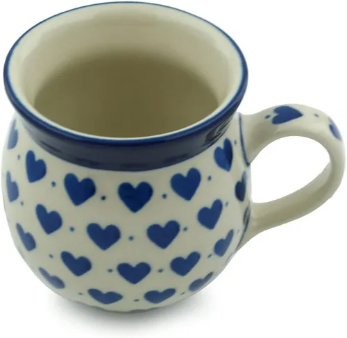Vista 2 de Auténtica taza de burbujas de cerámica polaca de 8 onzas en diseño de delicias de corazones, hecha a mano en Bolesławiec Polonia por Ceramika
