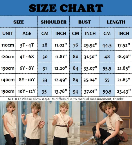 Vista 6 de Camisetas sin mangas para niños, disfraz de pirata renacentista, para niños, vikingo, medieval, con cordones, escocés, Halloween, cosplay, camisetas