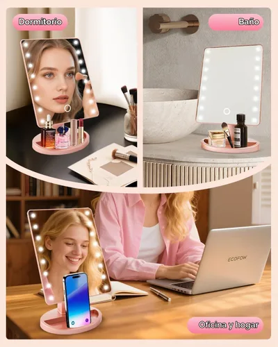 Vista 5 de Espejo de maquillaje iluminado con luces, espejo de tocador con luces, 16 luces LED, espejo de escritorio regulable con luz, fuente de alimentación