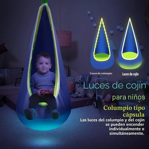 Vista 3 de Asiento de columpio colgante para niños con luz, columpio colgante mejorado para niños con luces LED, silla de columpio colgante sensorial
