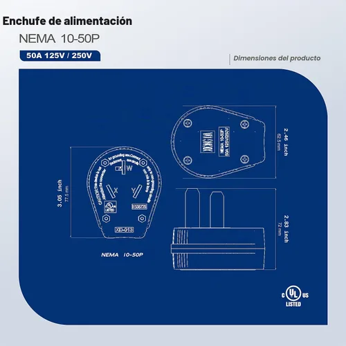 Vista 5 de NEMA 10-50P 50A 125/250V Secadora Ángulo de Rango Enchufe LK3351 3-pole grounding straight blade plug; UL94-V0 nylon housing, fits up to 8AWG 3C