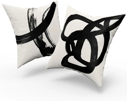 Vista 6 de Juego de 4 fundas de almohada abstractas de color negro y beige de 16 x 16 pulgadas, modernas fundas de cojín a rayas para sala de estar, sofá