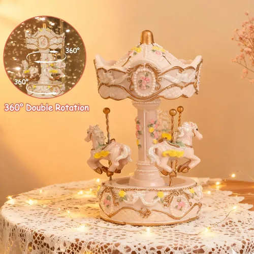 Vista 2 de Caja de música con carrusel de doble rotación de 360° para regalo, mujeres, niños, mamá, hija, nieta, regalo de Navidad y cumpleaños, color rosa