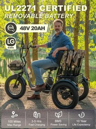 Vista 6 de Folding Electric Tricycle for Adults 2 Seater, 20MPH 100 Miles 4" Wide Fat Tire Electric Trike, 3 Wheel Electric Bike 1200W, 48V 20AH Battery