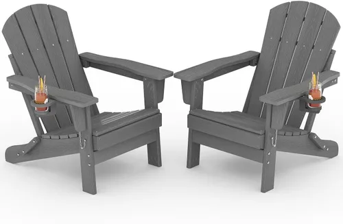 Vista 14 de Juego de 2 sillas Adirondack plegables HDPE con mesa auxiliar, color negro