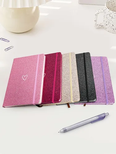 Vista 6 de Bling - Cuaderno A5, cuaderno rayado A5, bloc de notas para niñas y mujeres, bonito diseño de corazón con purpurina, cuaderno de tapa dura con rayas