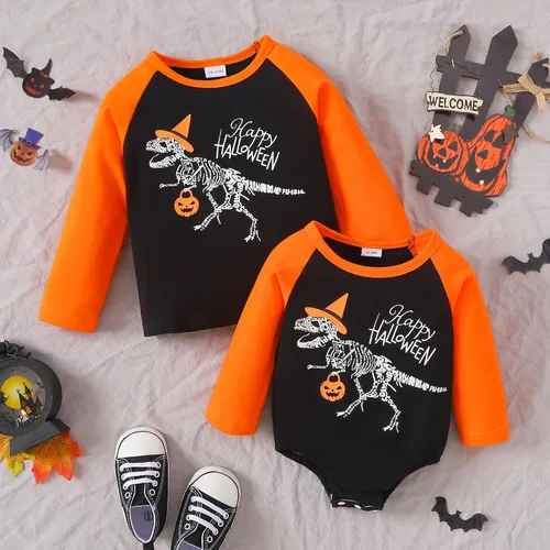 Vista 2 de YOUNGER TREE Disfraz de Halloween para bebé y niño pequeño, camiseta de manga larga, diseño de calabaza, sonrisa, dinosaurio, divertido disfraz