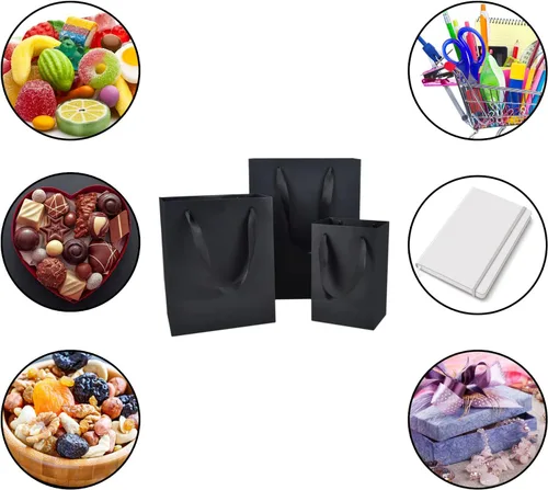 Vista 4 de HUAPRINT Paquete de 30 (10 juegos) bolsas de papel negras con asas, tamaños mixtos de 5.25 x 3.75 x 8 pulgadas, 8 x 5 x 10 pulgadas y 10 x 5 x 13