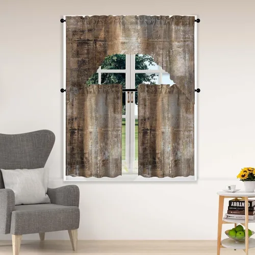 Vista 12 de Blue & Swag - Juego de 3 cortinas para ventana de cocina, cenefa de arte abstracto gris con bolsillo para barra para cocinas modernas