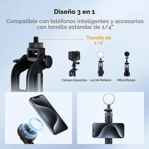 Vista 3 de K&F CONCEPT Trípode de teléfono de 72 pulgadas, clip y palo magnético para selfie con luz de relleno y control remoto, soporte de trípode automático