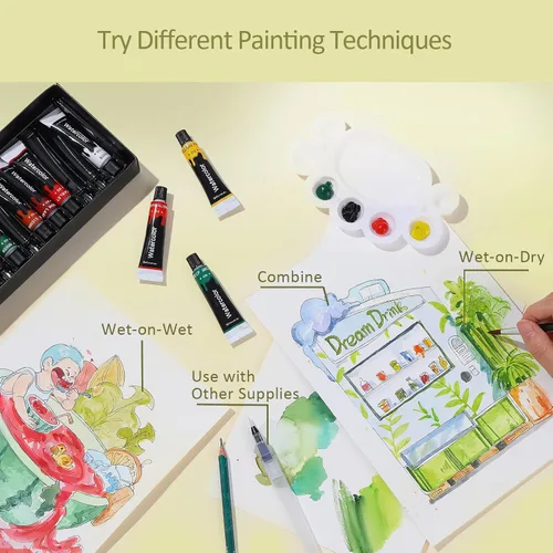 Vista 8 de Colorful Juego de pintura de acuarela para niños, tubos de pintura de acuarela de 12 colores con 6 pinceles, 1 paleta, fácil de mezclar