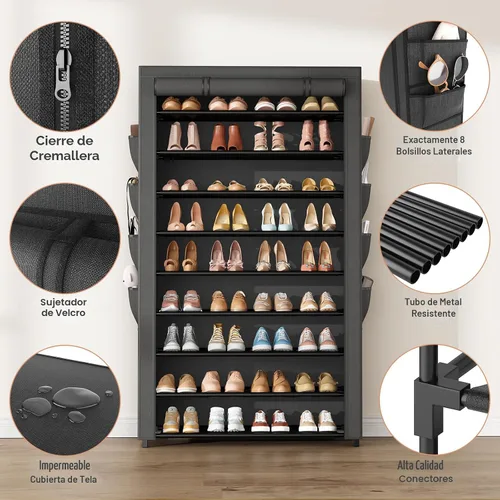 Vista 5 de Zapatero con tapa, organizador de zapatos de 10 niveles para 40-50 pares de zapatos deportivos y botas, gran capacidad, con 8 bolsillos, zapatero