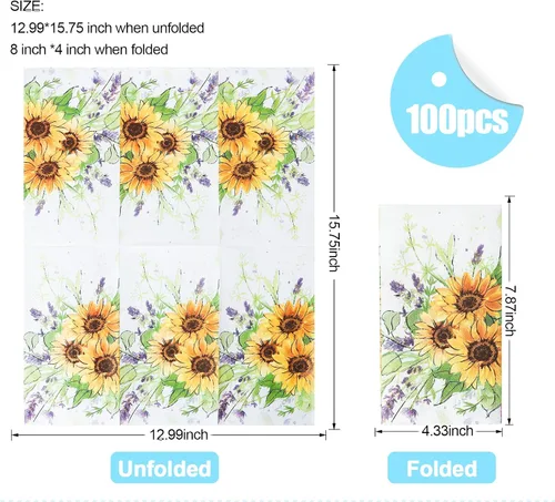Vista 2 de Paquete de 100 toallas de mano desechables para baño, servilletas de papel de girasol, servilletas decorativas de flores de primavera para baño