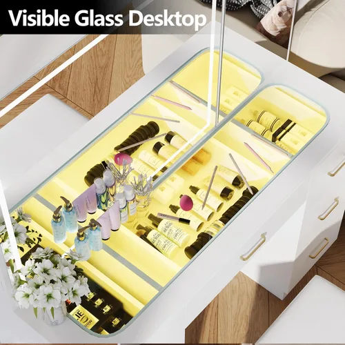 Vista 4 de Escritorio de tocador con espejo iluminado grande, tocador de maquillaje con parte superior de cristal, 7 cajones y brillo ajustable, mesa