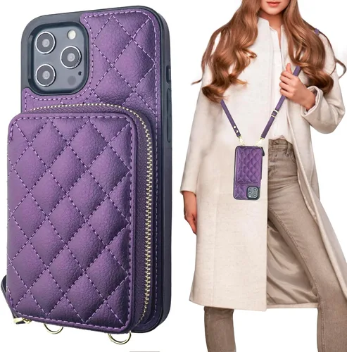 Vista 12 de Bocasal Funda tipo cartera cruzada para iPhone 12 Pro Max, con bloqueo RFID, de piel sintética, con cremallera, funda tipo cartera con función atril
