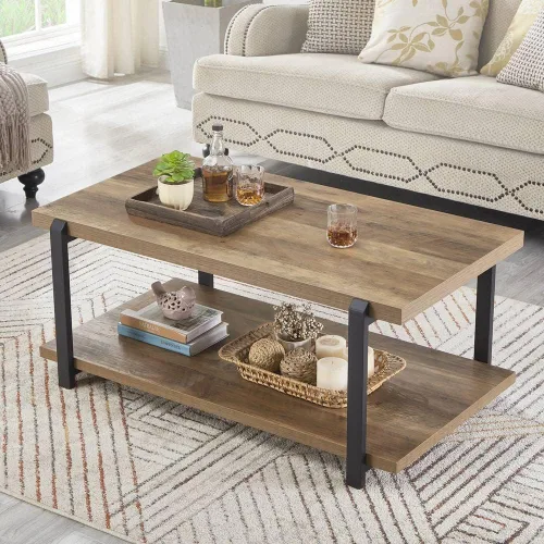 Vista 11 de FOLUBAN - Mesa de café negra, mesa de centro moderna de madera rústica con almacenamiento para sala de estar, mesa de té industrial de 2 niveles