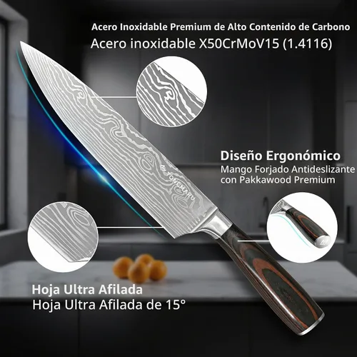 Vista 3 de Juego de cuchillos de chef de cocina profesional, Razor Sharp de acero alemán de alto carbono, 3 piezas, mango ergonómico de madera de Pakkawood