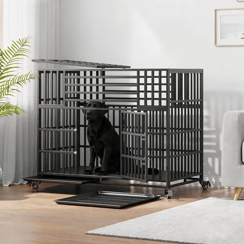 Vista 10 de Jaula indestructible para perros de 44 pulgadas, jaula de acero a prueba de mordeduras de alta ansiedad para perros medianos y grandes, doble puerta