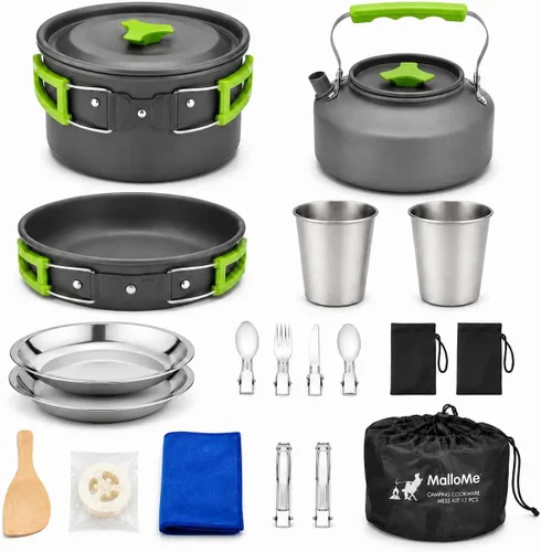 Vista 11 de MalloMe Kit de utensilios de cocina de camping para equipo de mochilero – Juego de cocina de camping – Juego de ollas y sartenes – Estufa