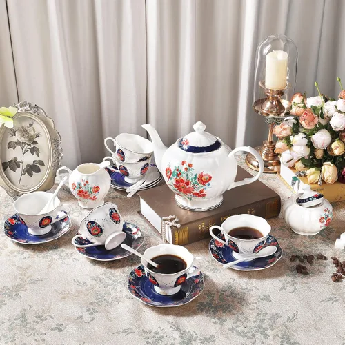 Vista 5 de fanquare Juego de té de porcelana victoriana de 21 piezas para 6, juego de tazas de té floral británicas reales para mujeres, juego de fiesta de té