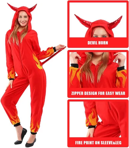 Vista 4 de ReneeCho Disfraz de Diablo de Halloween para mujer overol de pijama de demonio