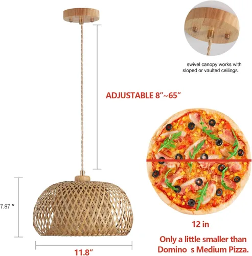 Vista 4 de Lámpara colgante de bambú con una sola luz, cesta bohemia ajustable, hecha a mano, tejida a mano, iluminación colgante para cocina, isla, fregadero