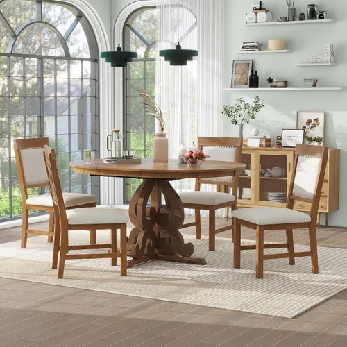 Vista 10 de Juego de mesa de comedor extensible de 5 piezas, juego de comedor funcional retro con 1 mesa extensible con una hoja de 16 pulgadas y 4 sillas