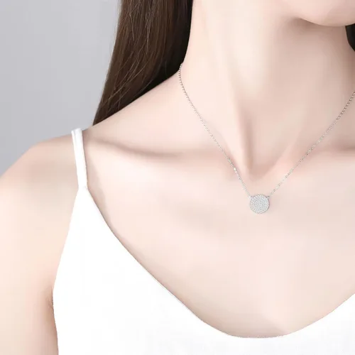Vista 2 de 925 Sterling Silver Cubic Zirconia Pave Disc Round Pendant Necklace 18 inch