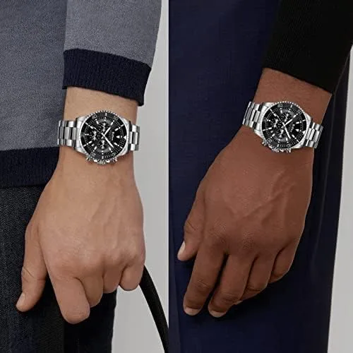 Vista 5 de Relojes para hombre, cronógrafo, acero inoxidable, impermeable, fecha analógica, de cuarzo, de negocios, relojes de pulsera, A2-plata
