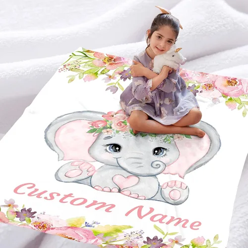 Vista 4 de Manta de bebé personalizada con nombre, diseño de elefante, flor rosa, manta de forro polar personalizada para niñas, niños, baby shower, regalo