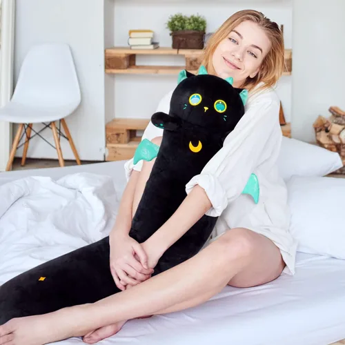 Vista 9 de Mewaii 2 almohadas largas de felpa de gato negro de 44 pulgadas + almohada de felpa de 44 pulgadas con ojos grandes de gatito