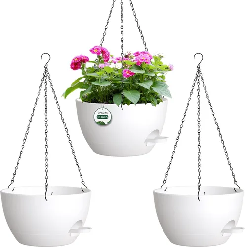 Vista 10 de Paquete de 2 12 macetas colgantes con cadenas, macetas de plástico de riego automático para plantas de interior y exterior, diseño de cadena