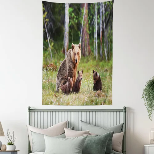 Vista 5 de Ambesonne Tapiz de naturaleza, madre salvaje, oso grizzly protegiendo a sus bebés en el bosque, estampado de animales de la selva, colgante de pared