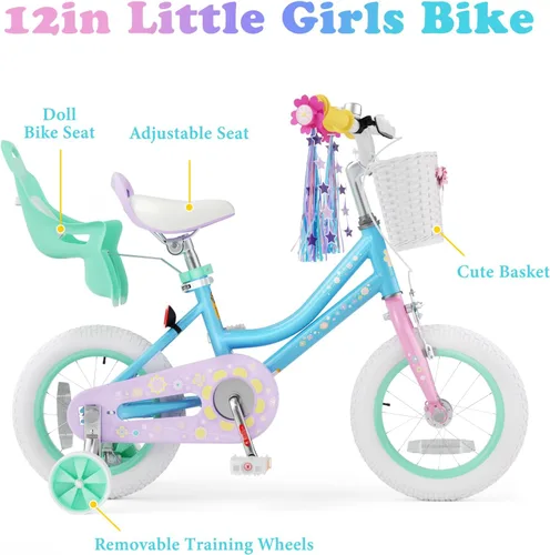 Vista 3 de KORIMEFA Bicicleta para niñas de 2 a 12 años, 12, 14, 16, 20 pulgadas, bicicleta para niños pequeños con ruedas de entrenamiento, bicicleta