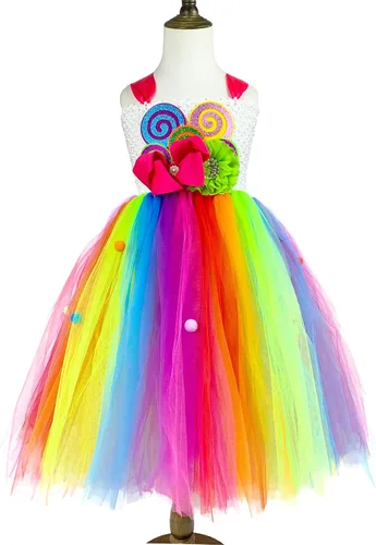 Vista 3 de DosTutu Vestido de caramelo arcoíris para niñas con diadema, cumpleaños, carnaval, fiesta, talla 1-12 años