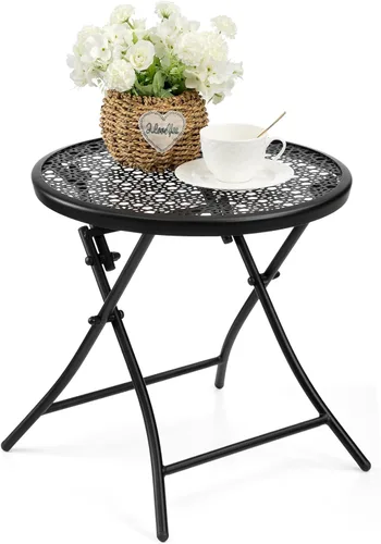 Vista 12 de Mesa auxiliar para exteriores, mesa auxiliar redonda plegable de metal, resistente a la intemperie, mesa decorativa de patio pequeño para porche