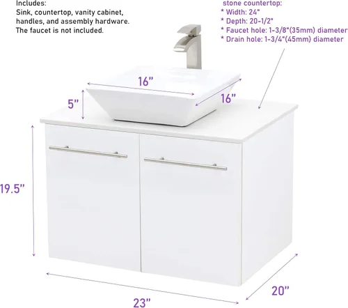 Vista 2 de Juego de lavabo flotante para montaje en pared, tocador marrón rústico, fregadero de cerámica para encimera de piedra plana blanca, 24 pulgadas