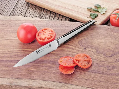 Vista 7 de Cangshan Cuchillo utilitario dentado forjado de acero alemán serie X, 5 pulgadas, plata