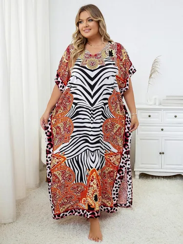 Vista 3 de Vestido de caftán de leopardo para mujer, cuello en V, manga murciélago, estampado de flores de animales, caftán 1066