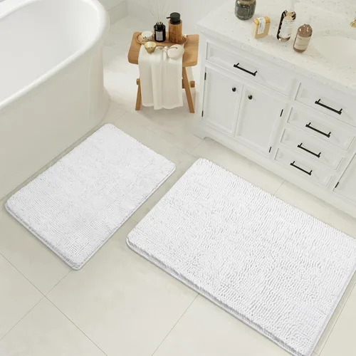 Vista 10 de LOCHAS Juego de 2 alfombras de baño de 17 x 24 pulgadas más 20 x 32 pulgadas de grosor, antideslizantes, alfombra de baño de felpilla suave y Negro