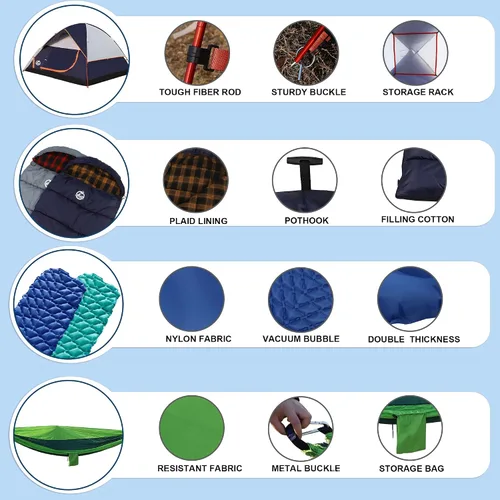 Vista 5 de Northroad 9PCS Camping Tent Kit, Including 1 2/3 Person Dome Tent, 2 Sleeping Bag, 2 Sleeping Pad/Camping Mat, 2 Single Camping Hammock with 2 Tree