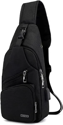 Vista 3 de Sling Bag Sling Mochila Crossbody Mochila Pecho Bolso Hombro Puerto Cargador USB, Negro -, Mochila tipo bandolera