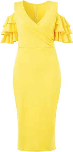 Vista 4 de VERWIN Vestido de noche con mangas con volantes y hombros descubiertos, cuello en V, elegante, sexy, para fiesta, noche, vestido ajustado