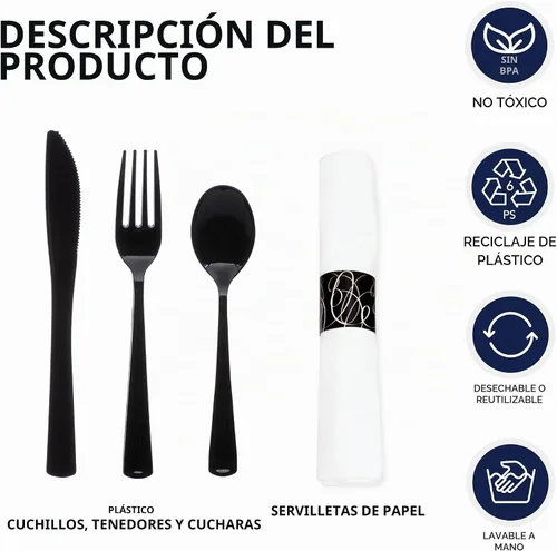 Vista 2 de Party Essentials Juego de cubiertos preenrollados desechables para fiestas, juego de cubiertos de plástico envuelto con servilleta, cucharas