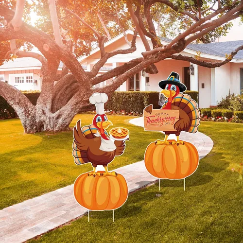 Vista 7 de Letreros Grandes de Patio para Acción de Gracias 2 piezas con Estacas Decoraciones de Feliz Acción de Gracias Exterior Pavo Calabazas Cosecha Jardín