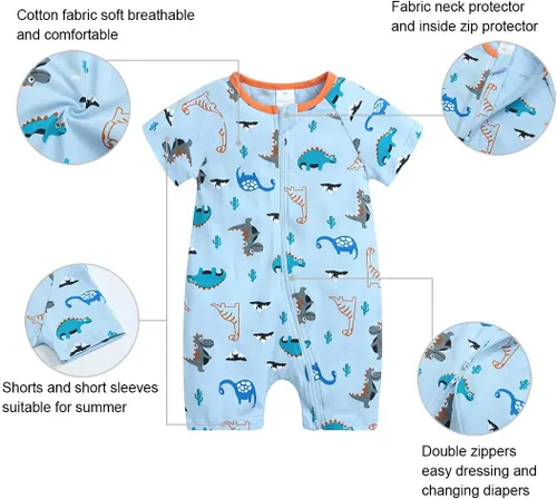 Vista 6 de MYGBCPJS Pijama de algodón de manga corta para bebés, niños y niñas, con cremallera, trajes de verano