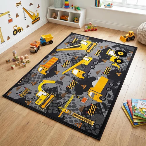 Vista 27 de Alfombra de construcción – Alfombras de construcción para habitación de niños, divertido diseño de camión de dibujos animados, alfombra de coche