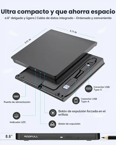 Vista 2 de ROOFULL - Unidad externa de CD y DVD para portátil USB 3.0 Tipo-C, ultra delgada