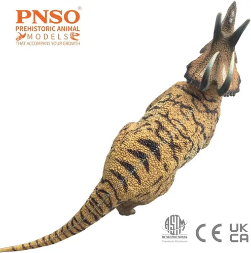 Vista 5 de PNSO Modelos de dinosaurios prehistóricos (41 Perez The Machairoceratops) 6.2" Ceratopsian Model - Curved Frill Horns - Long Brow Horns - Hooked