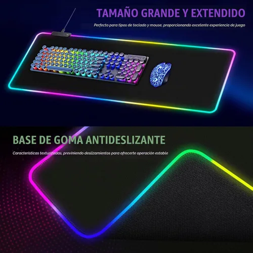 Vista 4 de Alfombrilla de mouse grande RGB para juegos, 15 modos de luz, control táctil, alfombrilla de teclado de computadora suave extendida, base de goma